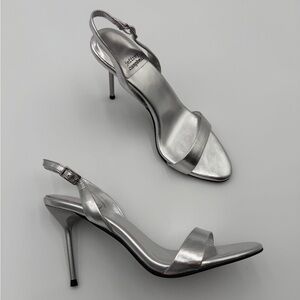 Jeffrey Campbell Go-Getter stiletto sling-back in metallic silver leather Sz 6.5